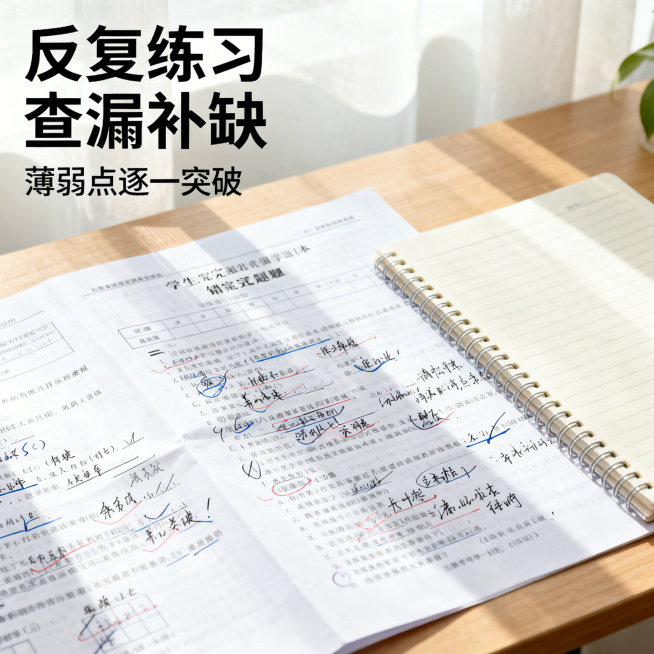 历届高考真题合集电商主图第十七张，清新舒适学习风格，柔和自然光。画面展示学生做完的真题试卷上满是批改的痕迹和笔记，旁边放着错题本。背景为整洁的书桌。左上角标题「反复练习 查漏补缺」，下方小字「薄弱点逐预览效果