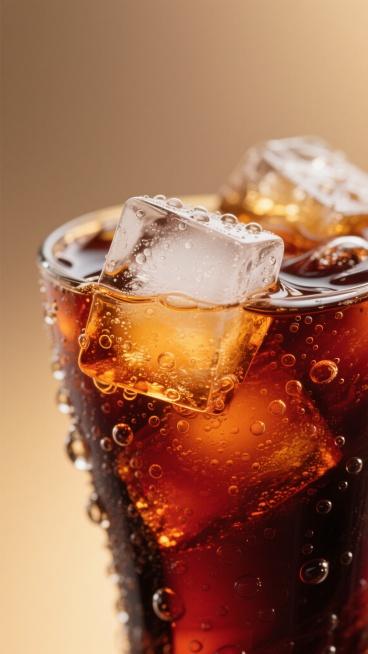 超写实摄影风格，特写镜头下的冰镇可乐，深棕红色的可乐液体中浸泡着棱角分明的透明冰块，冰块表面凝结着细密水珠并反射出温暖的橙黄色高光，液体表面翻滚着大量细小气泡，背景呈现柔和的浅棕色与金色光晕渐变，整体光影对比强烈，高光区域明亮耀眼，阴影部分深邃富有质感，营造出清凉、冰爽、充满活力的夏日氛围，细节极致清晰，水珠与气泡的纹理真实可触，色彩浓郁饱满，具有高度的视觉冲击力和真实感。预览效果