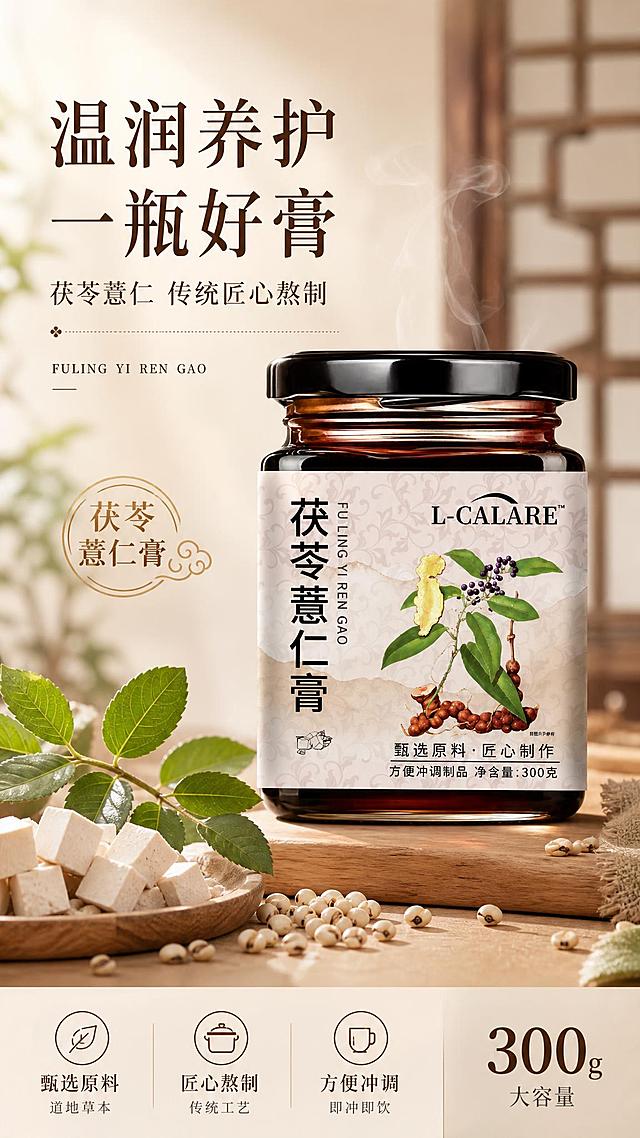 [第1张] 详情页头图-L-CALARE茯苓薏仁膏新品主视觉海报。本张使用【图1】作为商品主体。
[氛围/风格] 中式温润养生风，米白暖调背景，草本自然氛围，商业摄影质感，高级感与传统滋补感结合。
[元素布局] 茯苓薏仁膏玻璃瓶置于画面中央偏右，占比约60%-65%，瓶身结构、标签文字、黑色瓶盖与输入产品图完全一致；左侧留标题区，底部为浅木色台面；前景散落茯苓块、薏仁粒、新鲜草本枝叶作为装饰；背景虚化中式窗格与柔和光晕；产品周围点缀淡淡蒸汽感，凸显温润滋补。
[光影质感] 左上方45°柔光主光，右侧辅光提亮瓶身，底部自然投影，玻璃质感通透，膏体棕褐色泽饱满温润。
[配色色系] 全局底色 #F5EFE6 米杏色；主色浅棕褐色 #8B6F47；辅助色草本绿 #6B8E5A、米白 #FAF7F2。
[视角构图] 正面微仰视，产品为视觉中心，阅读动线左上标题→中部产品→底部信息条。
[文字版式] 左上标题区+中央产品+底部信息条。主标题「温润养护 一瓶好膏」，副标题「茯苓薏仁 传统匠心熬制」，温润宋体风格，字色深棕；标题下方小英文装饰「FULING YI REN GAO」；底部左侧3个小图标卖点「甄选原料」「匠心熬制」「方便冲调」，右下角标注「300g 大容量」；文字不遮挡瓶身主体。
[比例分辨率] 9:16 竖版比例，1K分辨率，文字清晰可辨，高清画质。
[负向提示词] 瓶身变形，缺件错件，标签文字错乱，颜色偏差，水印，文字过小，背景杂乱，产品模糊。