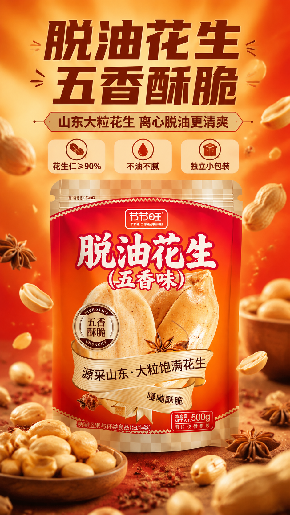 [商品] 使用【图10】节节旺脱油花生五香味500g包装袋；保… - 图片创意预览