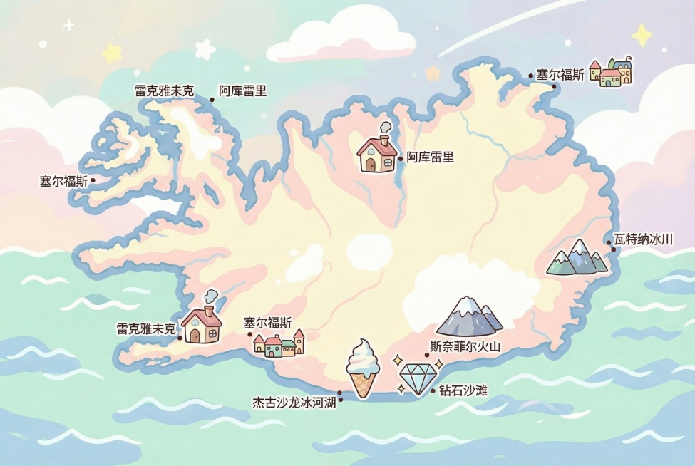 在地图上用可爱的钻石图标标注出钻石沙滩的位置，并添加文字标注“钻石沙滩”预览效果