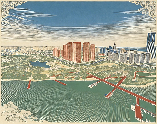 将图片转换为中国传统剪纸风格，线条清晰，保留原画面的城市建筑与水域景观结构