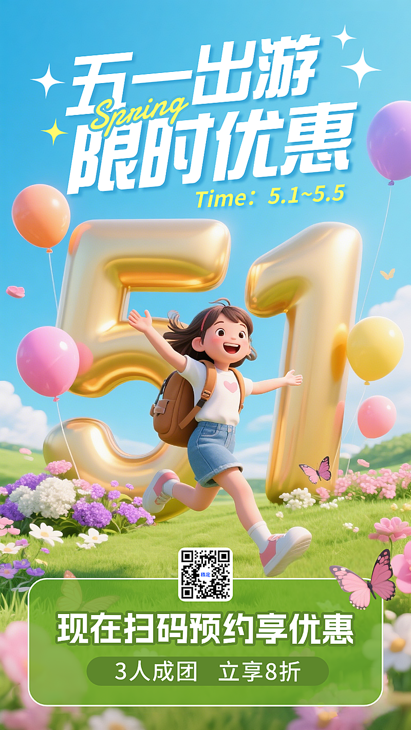 蓝色3D五一劳动节放假出游促销活动膨胀数字手机海报