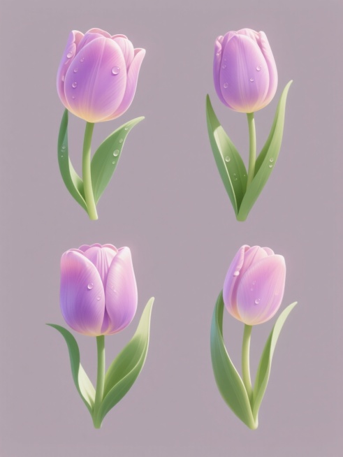 一套4个规整排布的素材，每个素材均为一朵不同造型样式的郁金香，保持数字插画风格，采用光滑细腻的渐变色彩过渡，花瓣呈现柔和的粉紫色调，带有晶莹剔透的水珠细节，绿色花茎和叶子线条流畅自然，整体具有明亮均匀的光源和清晰的高光阴影层次，使用纯色背景，无任何文字、logo及水印。预览效果