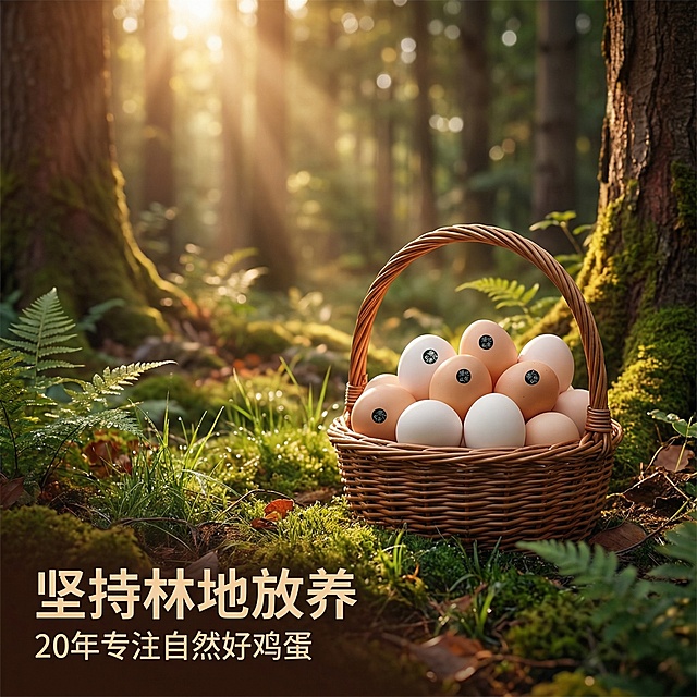 卖点不足就单独制作，福记山寨臻选林地放养蛋，木质礼盒 + 新鲜土鸡蛋组合摆放，背景是大山森林，阳光透过树叶间隙，斑驳的点缀在产品上，暖色调自然光，高清写实，质感细腻，商业美食摄影，干净简约，突出品牌与产品