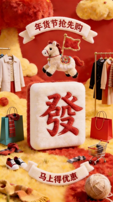 很好，现在请去掉这张图右下角的水印，并参考我新给的图调整和增加一些购物元素，但是不要影响主体的马和麻将。预览效果