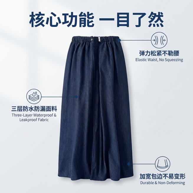 [垫图]输入的老年人防漏隔尿裙图片
[主图主题]老年人防漏隔尿裙功能介绍主图
[氛围/风格]明亮实用风格，干净柔光，清晰易懂
[画面元素]隔尿裙居中放置，周围用带圆点的纤细引线连接对应部位：引线连腰部预览效果