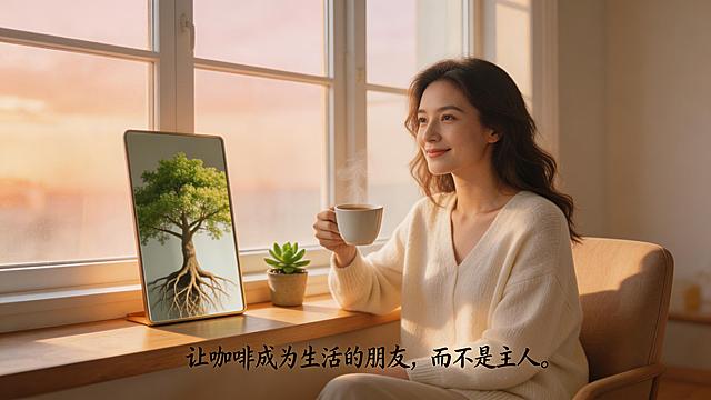 温暖治愈系场景插画，光影柔和，有故事感。画面中充满知性美的女人坐在窗边，手里端着一杯咖啡，窗外是清晨的柔和阳光，光线轻柔地照进室内。女人面前有一面镜子，镜子里的倒影不是女人本身，而是一棵树的形象，树根深入地下代表身体的本金，枝叶舒展向上代表健康的状态。咖啡杯放在窗台上，旁边摆放着一小盆绿植。整体氛围安静、温暖、自洽，体现出人与咖啡是相伴而非依赖的关系。画面下方有一行书法字体的小字：“让咖啡成为生活的朋友，而不是主人。”