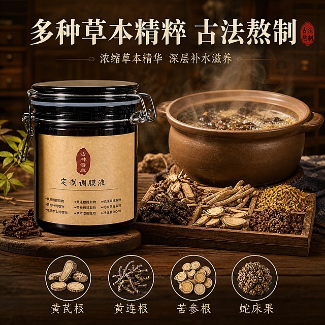 [主图-2] 核心成分解析，展示多种草本精粹的中药原料与古法熬制工艺，强化成分背书。
[统一基调] 棕色中药风整体视觉，背景主色为深棕与暖棕渐变，点缀草本植物与中药材元素；标题字色为米白色，辅助字色为浅棕色，强调色为朱砂红；字体选用干净的宋体风格，主标题粗体大气，辅助文字纤细清晰；整体传递传统中药草本、专业靠谱、温润养肤的品质感。
[画面] 画面采用左右分栏构图。左侧约占40%，展示古林奇草定制调膜液产品罐，深棕色玻璃罐配金属卡扣盖，牛皮纸标签清晰，放置在古朴的木质台面上，产品占左侧区域的主要位置。右侧约占60%，展示传统中药砂锅熬制草本的场景，陶土砂锅内冒着热气，多种草本药材在锅中翻滚，旁边的木质托盘中整齐摆放着多种干燥中药材原料，包括黄芪、黄连、苦参、蛇床子、黄柏等，形态各异，颜色以深褐、土黄、棕色为主。背景为暖棕色中药柜虚化效果，有淡淡的中草药香气升腾的视觉感。
[光影质感] 商业摄影质感，暖色调柔和自然光，从侧上方照射，砂锅有热气升腾的朦胧感，中药材纹理清晰可见，产品玻璃罐有自然高光，整体光影温暖厚重，有传统中药房的氛围感。
[配色] 主色深棕色、陶土棕、牛皮纸黄、药材天然褐色；点缀色朱砂红、少量草本绿色；整体暖棕色调统一，中药氛围浓厚。
[文字版式] 主标题"多种草本精粹 古法熬制"位于画面上方居中位置，米白色大号粗宋体；下方有一行辅助说明"浓缩草本精华 深层补水滋养"，浅棕色中号字；画面下方有四个圆形小图标横向排列，分别配文字"黄芪根""黄连根""苦参根""蛇床果"，图标为药材简笔画风格，米白色文字。文字均不遮挡产品和核心场景。
[输出要求] 比例1:1，文字清晰可读，产品清晰完整不变形，中药材形态真实自然，熬制场景有真实感，无错字，无水印，无平台Logo。负向：产品变形、药材形态怪异、现代工业设备、冷色调、文字遮挡主体、画面杂乱。