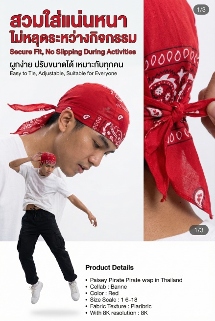 2:3 竖屏，TikTok Shop 泰国站详情页第七屏，严格还原上传的产品图（红色腰果花印花海盗头巾帽，头部包裹区约 28cm×20cm，尾部系带长度约 35cm，尺寸比例保持 1:1，包括包装设计预览效果