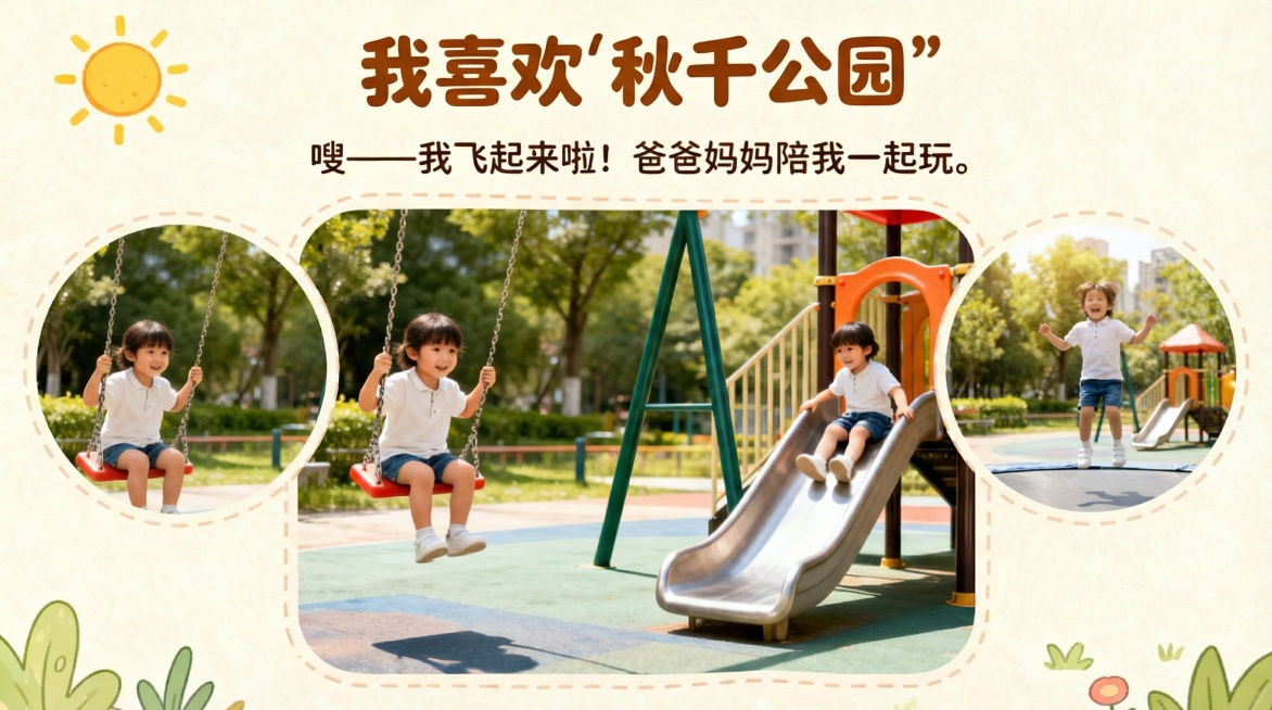 将页面调整为3个配图布局，保留原有文字和卡通背景，新增一个孩子在公园玩蹦床的照片占位符预览效果