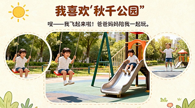 将页面调整为3个配图布局，保留原有文字和卡通背景，新增一个孩子在公园玩蹦床的照片占位符