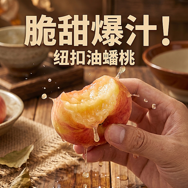 「图片1」「图片1」「图片1」「图片1」「图片1」，生成一套主图（5张），商品名称是纽扣油蟠桃，卖点是脆甜爆汁、脆软双吃，适配抖音平台，主图比例为1:1