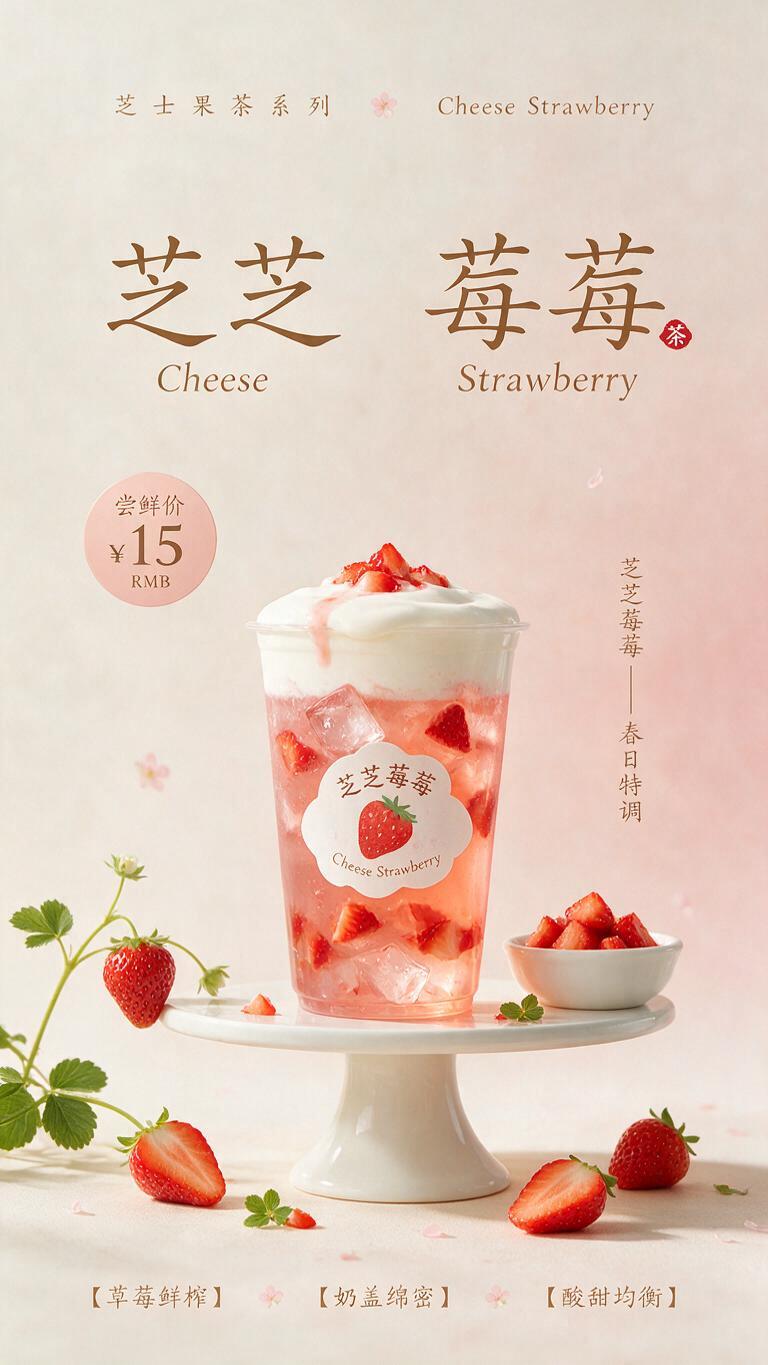 商业饮品摄影海报，主题芝芝莓莓，整体调性甜美清新、简约治愈新中… - 图片创意预览