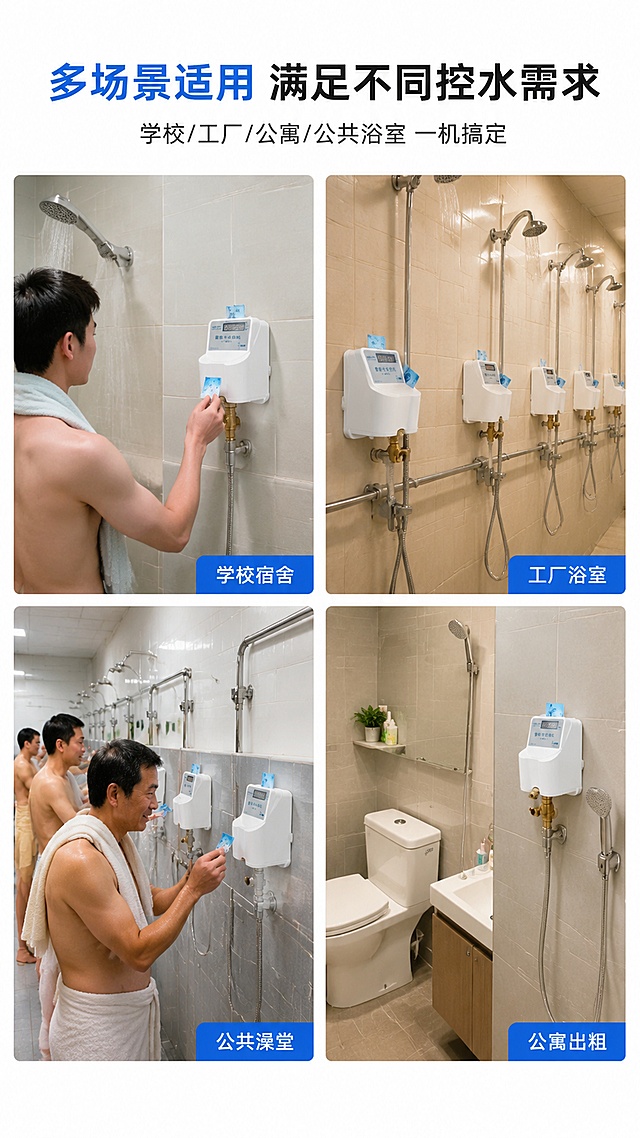 [第6屏] 详情页使用场景-IC卡水控机多场景应用拼图。本屏使用【图1】产品图融入各场景中。
[氛围/风格] 真实场景拼图风，生活化写实感，商业摄影质感。
[元素布局] 画面采用2×2宫格拼图布局，四个场景分别展示水控机的应用环境；左上：学校宿舍浴室场景，墙面安装水控机，学生刷卡洗澡；右上：工厂员工浴室场景，一排淋浴位各装一台水控机；左下：公共澡堂场景，多人使用刷卡控水；右下：公寓出租屋场景，卫生间安装水控机；每个场景中水控机产品外观与输入图一致，自然融入场景中。
[光影质感] 每个场景有独立的浴室暖光或自然光，产品在场景中光影自然，整体明亮真实。
[配色色系] 全局底色 #FFFFFF 白色间隔；主色各场景自然色调；辅助色蓝色场景标签。
[视角构图] 2×2宫格拼图，每格一个场景，阅读动线从左上到右下。
[文字版式] 顶部主标题「多场景适用 满足不同控水需求」，副标题「学校/工厂/公寓/公共浴室 一机搞定」；每个场景右下角配蓝色标签：「学校宿舍」「工厂浴室」「公共澡堂」「公寓出租」；标签文字清晰醒目。
[比例分辨率] 9:16 竖版比例，4K分辨率，文字清晰可辨，高清画质。
[负向提示词] 产品变形，人物变形，场景错乱，水印，文字过小，产品与场景光影不融。