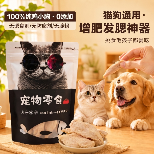 在左上角加上“100%纯鸡小胸 · 0添加”，下方小字补充“无诱食剂/无防腐剂/无淀粉预览效果