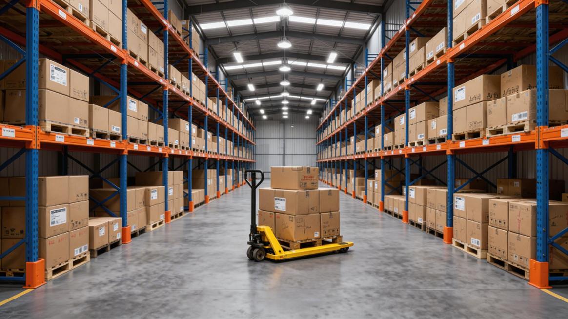 去除图片中的所有水印，保留原本仓库场景、货架、纸箱和手动叉车的内容不变，保持原图整体画质和风格不变预览效果