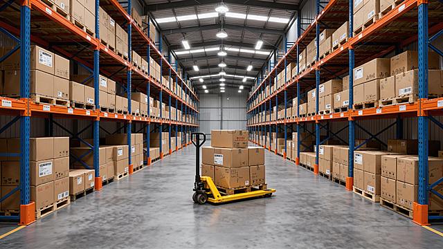 去除图片中的所有水印，保留原本仓库场景、货架、纸箱和手动叉车的内容不变，保持原图整体画质和风格不变