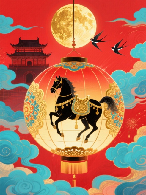 主体是黑金渐变球形宫灯（灯面上绘制披挂鎏金华丽鞍具的黑色奔马图腾和宝相花纹，奔马呈昂首嘶鸣姿态），宫灯光芒呈脉动式闪烁。背景为正红底 + 金色满月，古城楼剪影与飞燕点缀其间，色调以红、金、青蓝为主，整预览效果