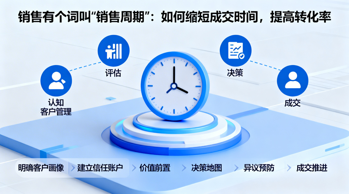 微信公众号首图，商务蓝色调专业简洁风格，中心放置清晰的时钟图标代表时间管理，周围分布四个清晰的分别代表认知、评估、决策、成交的图标和文字，底部六个步骤名称文字必须全部正确清晰无错字，六个步骤依次是明确预览效果
