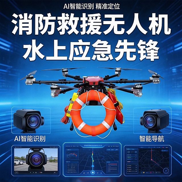 消防救援无人机卖点详情图，展示“智能导航”核心卖点，画面呈现无人机的高清摄像头和导航系统界面，配文字“AI智能识别 精准定位”，用科技蓝背景，突出智能化能力