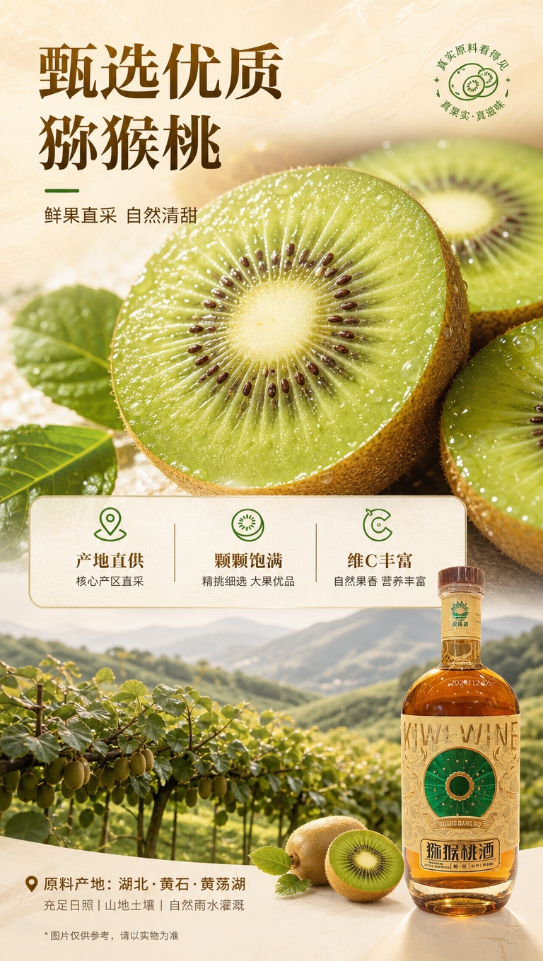 [商品] 使用【图1】黄荡湖猕猴桃酒小图置于右下角作辅助展示；… - 图片创意预览