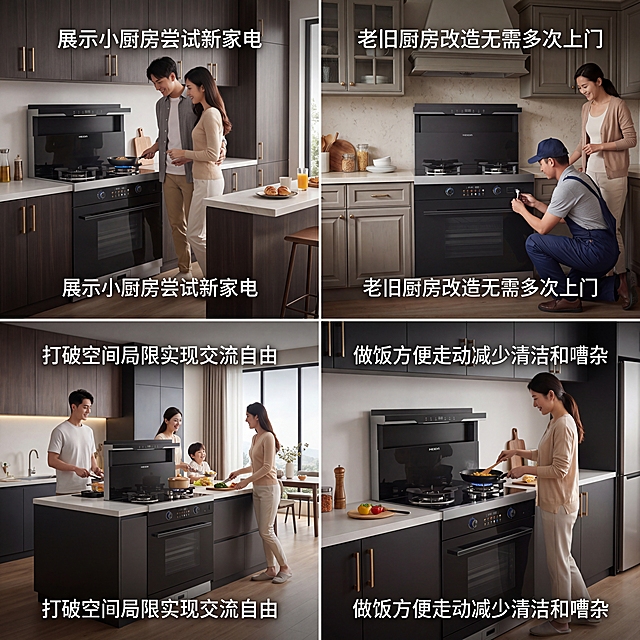 美大黑色钢化玻璃集成灶，不锈钢银色装饰边，双灶头，下部蒸烤一体柜，触控旋钮面板，顶部吸烟区。保持物理结构不变，严禁扭曲拉伸改变产品形态。
小厨房改造场景，黑金配色，分为四个场景模块：展示小厨房尝试新家电、老旧厨房改造无需多次上门、打破空间局限实现交流自由、做饭方便走动减少清洁和嘈杂。
柔和室内自然光。【产品受光面泛起暖调金属光泽，暗部及边缘映射深灰黑色的环境光晕。绝对禁止纯白高光，彻底物理融合】。
四宫格构图，每个模块展示对应场景内容。整体简约现代高级感。
微调视角。替换全部原有道具为现代厨房家具，重构背景细节，保留MEIDA品牌Logo。
严格锁定比例 1:1。4K分辨率。