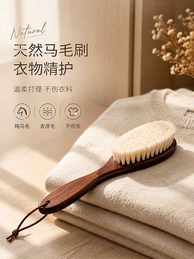[单张主图] 天然马毛刷衣物护理刷，高级氛围感真实使用场景主图，同时承担点击理解信任转化作用。保持产品外观（即物理结构、材质质感、颜色）与输入产品图保持绝对一致，杜绝任何变形和色差，精细化处理。采用左文右物场景型版式，左侧留白放文字信息，天然马毛刷放大居右展示斜放在折叠浅米色羊绒织物上，商品主体占画面约50%，完整不裁切，重点展示原木手柄和纯马毛刷毛的真实质感。背景为浅原木色衣柜侧边，台面为同色系浅木桌，角落点缀一小束天然干花，营造温馨整洁的家居衣物护理氛围，无多余道具抢镜。左上留白区域：大号主标题“天然马毛刷 衣物精护”，下方小字副文案“温柔打理 不伤衣料”；底部放置三个线框图标卖点，依次为图标一“纯马毛”，图标二“去浮毛”，图标三“不伤衣”，字体纤细清晰，文字与背景对比明显。主标题旁加一个浅棕色英文手写装饰词 Natural。侧向自然窗光为主光，光线柔和通透，在木桌投下浅淡清晰的产品投影，刷毛和木柄有自然高光，浅景深虚化背景，整体商业摄影质感、产品清晰真实、画面干净高级。主色调为浅原木米色系，辅助色为刷毛米白、木柄深棕；字体采用细无衬线，主标题字重稍大，卖点小字纤细，整体色调温暖舒适，契合日用护理产品调性。3:4比例，文字清晰可辨。负向提示词：变形，文字错乱，产品图模糊，背景杂乱，水印，电商平台Logo，文字遮挡主体，颜色偏差，结构错误