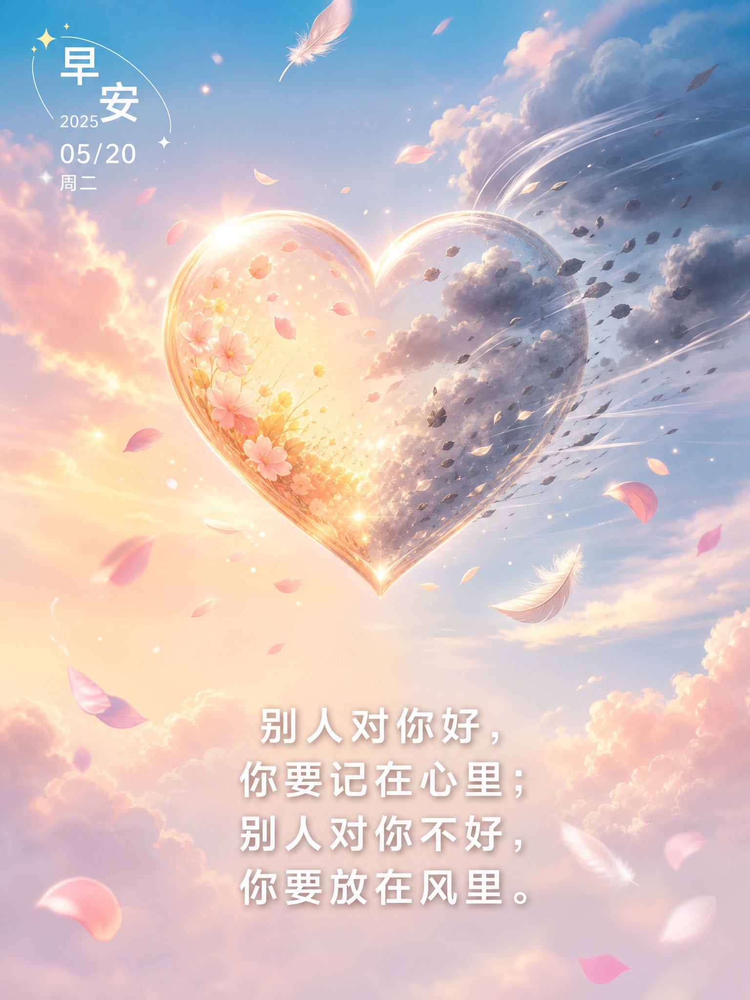早安日签海报，竖版3:4比例，治愈系温暖风格。画面主体是一颗发… - 图片创意预览