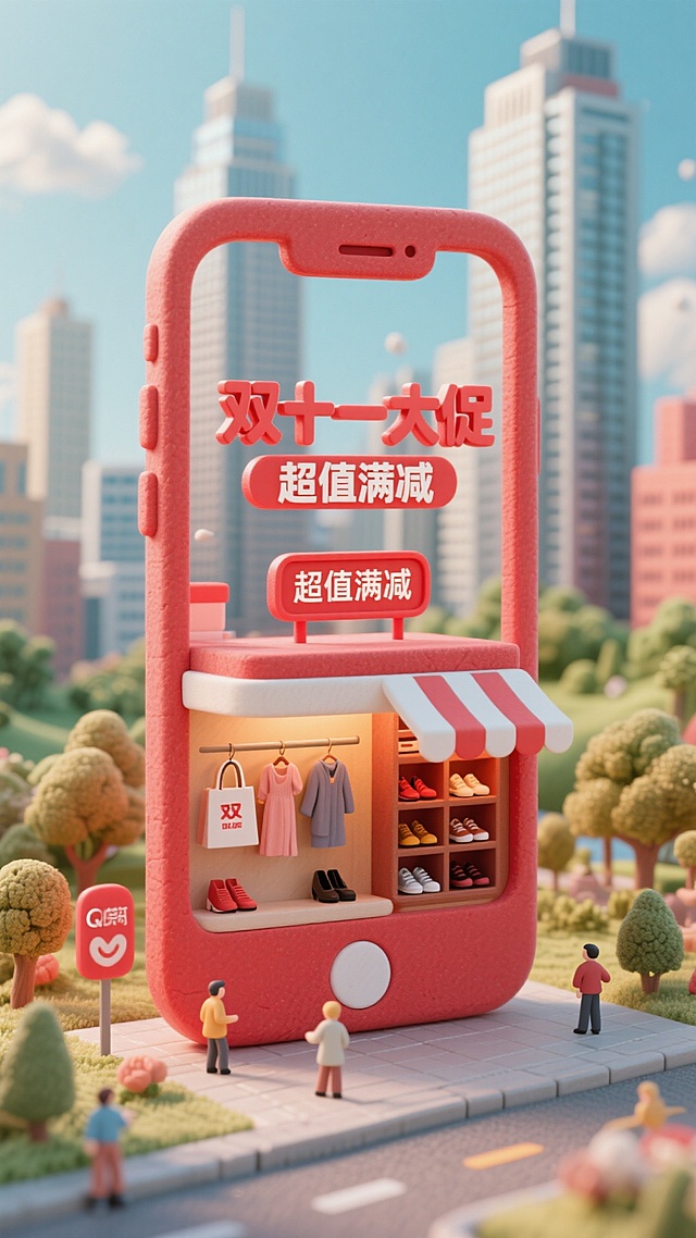 这张海报的主色调为红色，背景的高楼大厦的城市景观与自然风景相融合。“双十一大促”以醒目的红白渐变立体字体展示在海报中间，还有一个醒目的“超值满减”广告牌在手机样式的建筑上。海报的主体是一座巨大的手机形状的建筑，建筑内有：挂在购物袋里的衣服、鞋柜里的鞋子，服装店的装饰。高饱和色彩。粘土的质感。