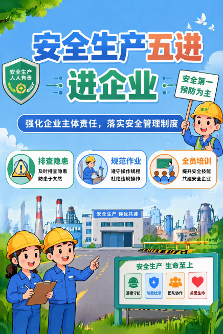 将这张安全生产五进进企业海报裁剪调整为2:3竖版比例，保留所有文字和卡通元素，重新构图适配竖版，保持原有的明快卡通风格不变预览效果