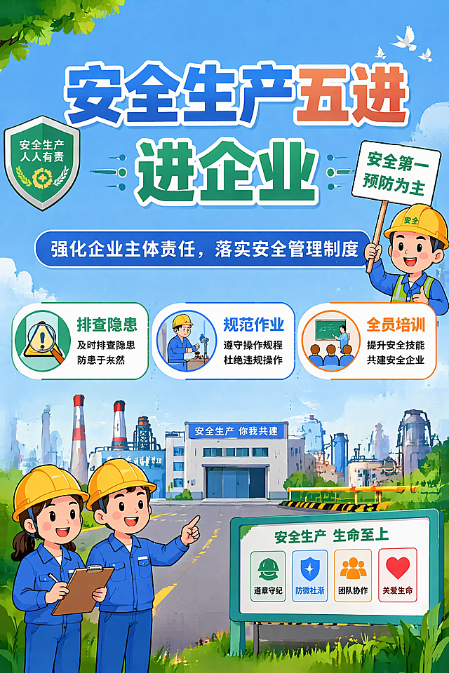 将这张安全生产五进进企业海报裁剪调整为2:3竖版比例，保留所有文字和卡通元素，重新构图适配竖版，保持原有的明快卡通风格不变