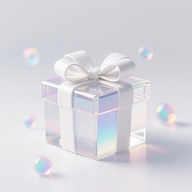 一个具有光滑白色造型的立体礼物盒，表面有透明渐变的玻璃质感，搭配一个大而精致的白色蝴蝶结，蝴蝶结边缘有柔和的光泽，礼物盒周围飘散着几个半透明的彩色光斑，整体采用明亮柔和的光影效果，背景为纯净的白色，营造出梦幻、轻盈、节日般的氛围。
