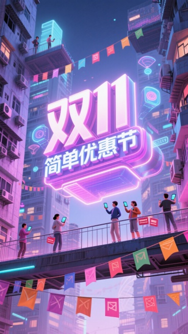 打造未来社区感，居民楼间的空中连廊挂满促销彩旗，“双11简单优惠节” 的立体字悬浮半空，居民们通过智能设备交互抢购，柔和的科技光效中，传递出邻里共庆购物节的温馨冲击力。预览效果