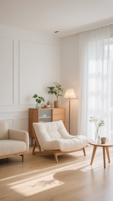 北欧风格室内场景，极简主义设计，明亮通透的客厅，阳光透过白色窗帘洒入，形成柔和的光影效果，浅色木地板，白色墙面带有简约线条装饰，中央是米白色布艺懒人沙发搭配木质支架，左侧有浅米色单人沙发，右侧小边桌上摆放咖啡杯和透明花瓶，背景立柜上放置绿植和装饰品，落地灯发出温暖柔和的光，整体色调以米白、原木色为主，营造出宁静、舒适、自然的居家氛围，高清晰度，真实材质质感，温馨治愈的生活气息。预览效果
