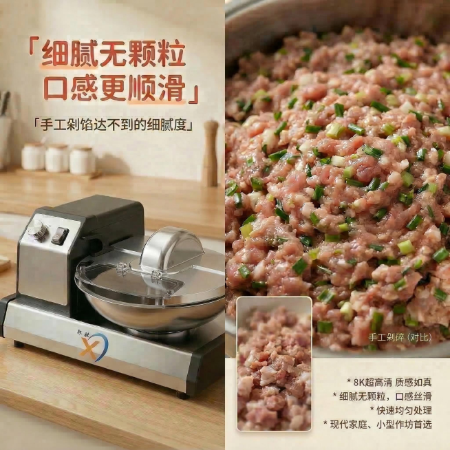 修改馅料细腻卖点图，保留右侧馅料、文字排版和内容全部不更改，将左侧设备直接替换为用户新上传的原始产品图，严格还原设备所有细节：包括结构、颜色、LOGO位置、透明护罩外观，保持左侧温馨木质台面场景，整体预览效果