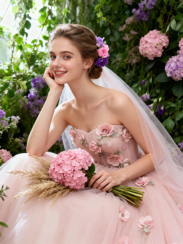 森系花房风婚纱写真，一位气质柔美的年轻欧洲女性，托腮含笑坐于茂密花植之间。她身穿浅粉色抹胸蓬蓬裙，裙身装饰立体花朵，搭配轻盈的薄纱头纱；头发盘起，点缀粉紫花朵发饰，手持包含粉色绣球、配草的自然花束。
背景是由茂密的绿色枝叶、粉紫花朵组成的沉浸式花墙，整体采用柔和的散射自然光，色调清新柔和，氛围梦幻治愈，充满仙气与童话感，高清细节，人物主体清晰，画面呈现细腻的柔美质感。