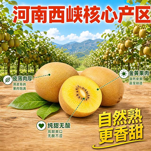 [主图-2] 西峡阳光金果猕猴桃产地溯源图，突出核心产区优势与品质保证。
[统一基调] 拼多多生鲜水果风格，大字直白，性价比感强，暖黄+翠绿为主色调，主标题粗黑体大字深橙红色，辅助文字深绿色，强调色金黄色，整体明亮通透有食欲。
[画面] 画面中央偏上位置摆放2个完整猕猴桃和1个对半切开的猕猴桃，切面朝上展示金黄果肉。背景上半部分为西峡猕猴桃果园实景，连绵的猕猴桃藤架上挂满果实，蓝天白云，远山隐约可见，体现产地规模。下半部分为木质台面。用虚线从猕猴桃引出3个标注点，分别指向果皮、果肉、果心位置。主体占画面约50%。
[光影质感] 自然日光照射，果园场景光线充足明亮，猕猴桃表面有自然光泽，切面果肉通透，商业摄影质感。
[配色] 背景上绿下木色，主标题深橙红，引线和标注文字深绿，强调数据金黄色。
[文字版式] 画面顶部居中粗黑体大标题"河南西峡核心产区"，下方三个引线标注分别写"皮薄肉厚""金黄果肉""纯甜无酸"，每个标注配小图标。右下角用金黄色大号字体突出"自然熟 更香甜"。
[输出要求] 1:1正方形比例，文字清晰可读，果园背景真实自然，猕猴桃外观与输入图一致，无变形错字，无水印无平台Logo。