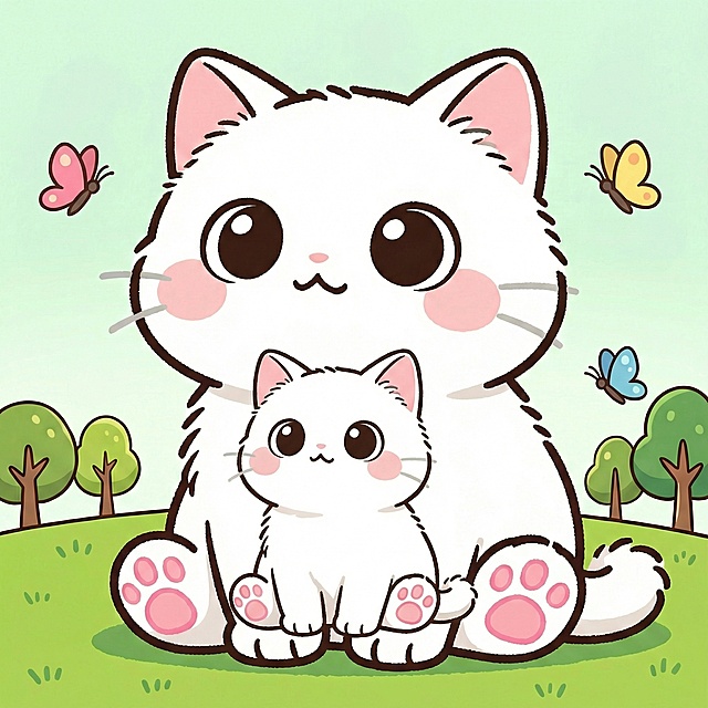 减少画面中蝴蝶的数量，将小猫的尺寸缩小一些，草地和小树保持不变