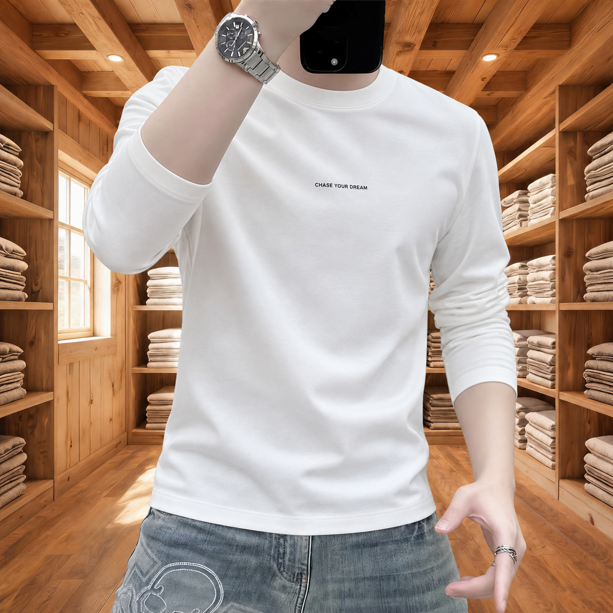 将图1模特身上的白色短袖T恤替换为图2的白色长袖上衣，图2衣服… - 图片创意预览