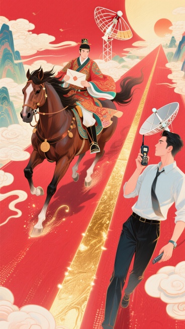 传统快马传信与现代卫星电话通讯形成对比，红金主色调，鎏金道路带光效，对角线构图预览效果
