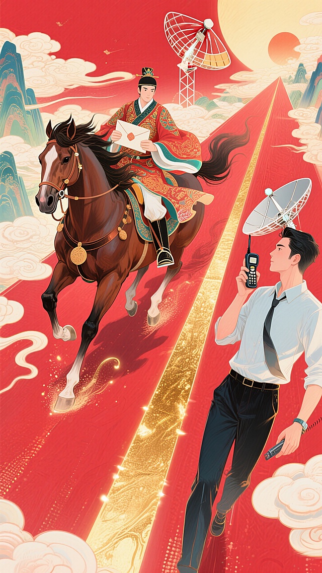 传统快马传信与现代卫星电话通讯形成对比，红金主色调，鎏金道路带光效，对角线构图