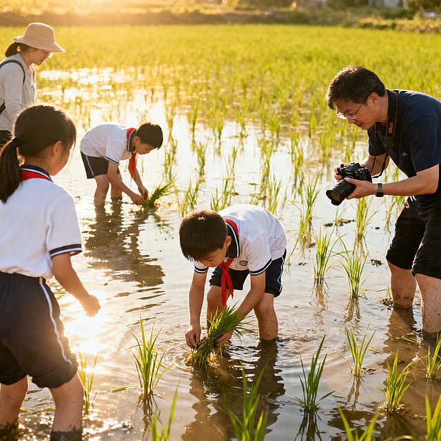 户外稻田场景，几名小学生和家长一起进行亲子研学活动，小学生们弯腰在水田里体验插秧，家长在旁边指导拍摄，阳光明媚充满生机，自然真实的摄影风格，亲子互动温馨氛围