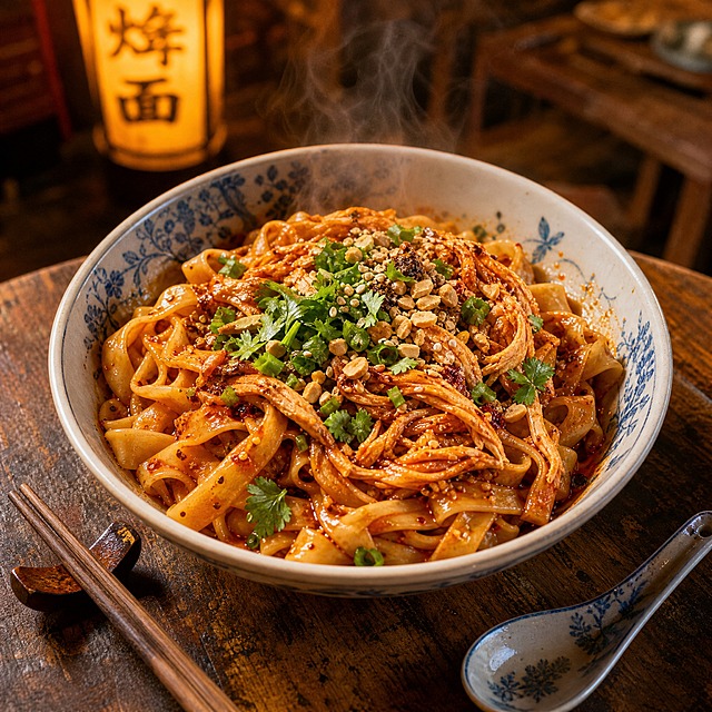 一碗河南风味干拌麻辣鸡丝面，粗厚的手工烩面拌上红油麻辣酱汁，上面铺着撕好的香辣鸡丝，撒上葱花、香菜、花生碎和白芝麻，红油亮泽诱人，面条根根分明裹满酱汁，旁边放着一双木筷子和小瓷勺，放在老旧的木质桌面上，背景是模糊的街边小店暖黄灯光，人间烟火气息，暖色调，美食摄影，俯拍45度角，真实质感，热气腾腾的感觉，细节丰富，食欲感强