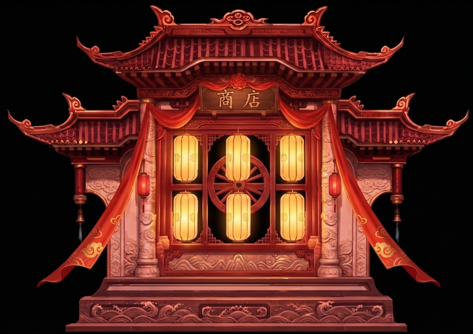 参考图一的中式古风游戏商店界面风格，参考图二的喜庆红色调，在"商店"牌匾两侧添加符合风格的红绫飘带，调整整体颜色更喜庆，使用纯黑色背景，保留原建筑和灯笼结构，保持浓郁东方传统美学氛围预览效果