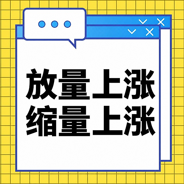 将图片中间的黑色文字“股价 成交量”修改为“放量上涨 缩量上涨”，保持原有粗黑字体风格、字号大小、文字居中位置和两行排版不变，黄色网格背景、蓝色边框窗口、顶部对话气泡和浏览器标签栏等所有其他元素保持原样不变