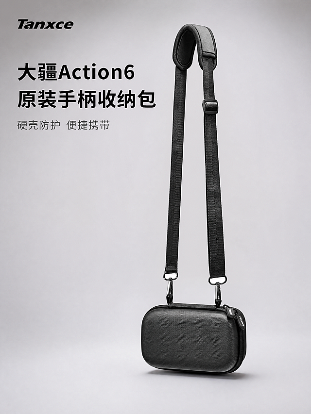 [主图-1] 大疆Action6街拍手柄收纳包产品首图。氛围风格：专业数码配件电商风，干净高级。画质：商业摄影质感，光线均匀通透，产品清晰真实，画面干净高级。元素：黑色硬质收纳包带肩带整体展示，包包居中摆放，肩带自然舒展，主体占比约70%，左上角安全区放置Tanxce品牌logo，保持产品外观（物理结构、材质质感、颜色）与输入图片一致，杜绝任何变形色差，精细化处理。光影：顶部柔光为主光，背景浅灰渐变，阴影柔和不浓重，突出包身硬挺廓形和纹理质感。配色：主体黑色，背景浅灰色，文字黑色，对比清晰。视角构图：45°斜侧平视，景深较浅，突出主体。文字版式：左上负空间左对齐留安全边距，大字主文案“大疆Action6 原装手柄收纳包”，黑色粗体无衬线；下方小字副标题“硬壳防护 便捷携带”，字体缩小一半，同色系浅一点。比例分辨率：3:4比例，4K分辨率，文字清晰锐利，超高清。负向提示词：变形，水印，文字错乱，产品图模糊，背景杂乱。
