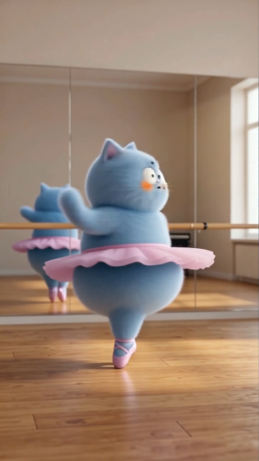 猫猫作芭蕾舞的单腿旋转动作，转两圈后慢慢旋转着向上升起，猫猫随着升高表情有些失控。猫的形象始终不作大的改变，表情最后可以变的夸张一点。预览效果
