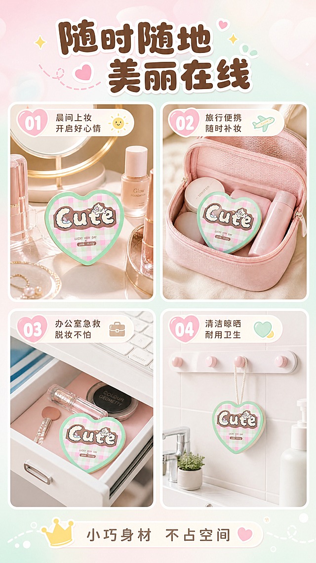 [商品] 使用【图2】爱心形粉扑；保留形状、颜色、图案；商品处理：保留造型和图案，粉扑融入不同生活场景中自然摆放。
[画面] 目标：场景种草页，多场景拼图展示使用时刻。构图：2×2四格场景拼图——①左上：梳妆台场景，粉扑放在化妆台旁的化妆品中间；②右上：旅行洗漱包场景，粉扑在便携化妆包内；③左下：办公室抽屉场景，粉扑作为补妆小物；④右下：居家浴室场景，粉扑挂在挂钩上晾晒。每格场景自然真实，粉扑清晰可见。
[视觉] 套系策略：风格=甜美少女风商业摄影；标题字=圆润可爱粗体字；正文字=简洁圆润无衬线体；主色=马卡龙粉+薄荷绿；背景延展=基于粉绿做渐变、同色系深浅层级、柔和光斑和可爱装饰元素；强调色=奶黄色，仅用于小面积图标、标签和高光点缀；标题色=深棕咖色；正文色=暖灰色；组件=圆角奶白信息卡、虚线引线、可爱图标；光影=顶部柔光灯效，整体明亮通透，产品有柔和投影。
[文字] 顶部主标题"随时随地 美丽在线"，四格分别配小字：①"晨间上妆 开启好心情"②"旅行便携 随时补妆"③"办公室急救 脱妆不怕"④"清洁晾晒 耐用卫生"。底部一行小字"小巧身材 不占空间"。文字横排。
[规格] 图片比例9:16竖版，4K，避免变形、错字、文字过小、冷蓝背景。