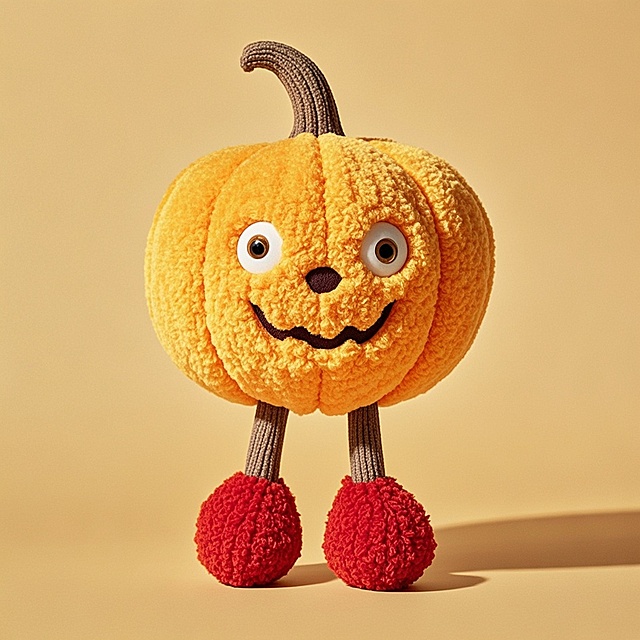 毛绒质感南瓜拟人形象，3D卡通风格，可爱趣味十足，红色毛球脚增添俏皮感，温暖秋日节日氛围。